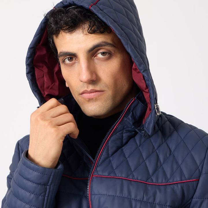 Maroon Erkek Kapüşonlu Deri Mont - Lacivert