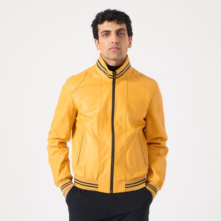 YellowRain Erkek Süt Danası Deri Mont + Yağmurluk - Sarı / Siyah