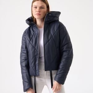 Fluff Kadın Kapüşonlu Şişme Lacivert Deri Mont