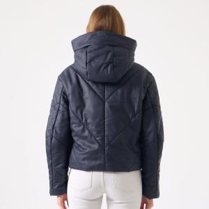 Fluff Kadın Kapüşonlu Şişme Lacivert Deri Mont